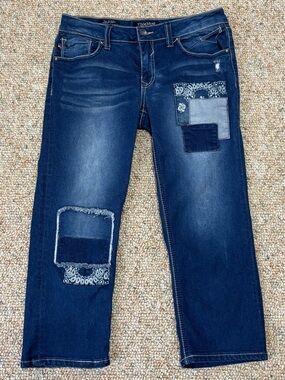 Vigoss Women's Denim Distressed Bandana Patchwork Capri Blue Jeans Size 14